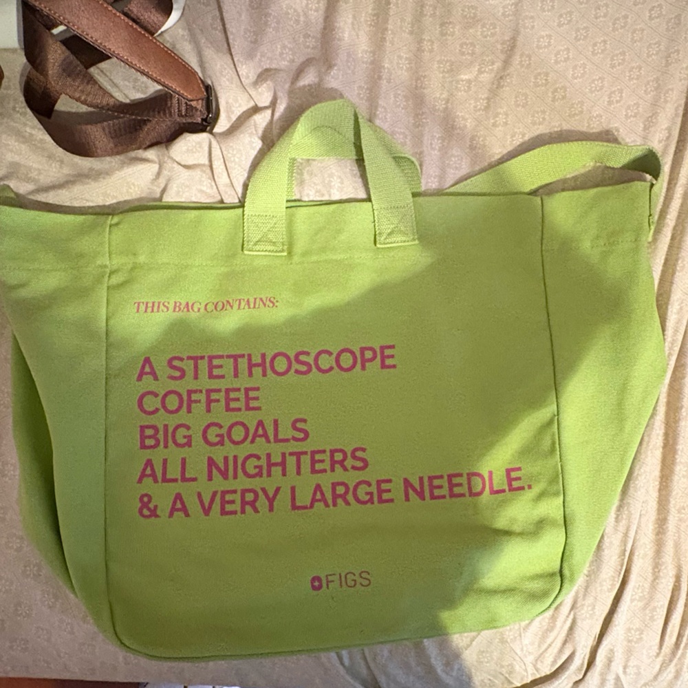 Figs Lime Green Tote with Pink Text